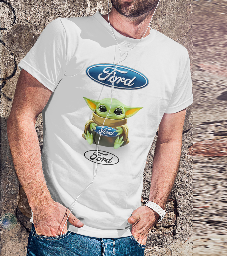 Star Wars Baby Yoda Holding Ford Logo White Background T-Shirt