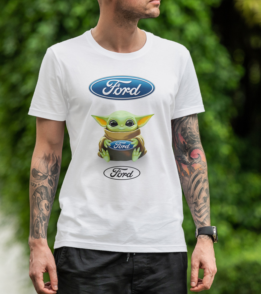 Star Wars Baby Yoda Holding Ford Logo White Background T-Shirt