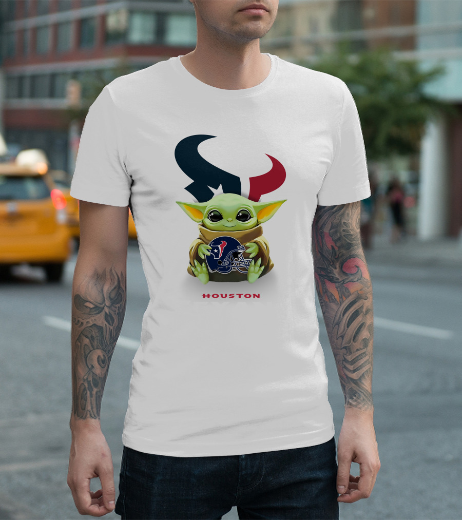 Star Wars Baby Yoda Holding Houston Texans Helmet With Logo On White T-Shirt