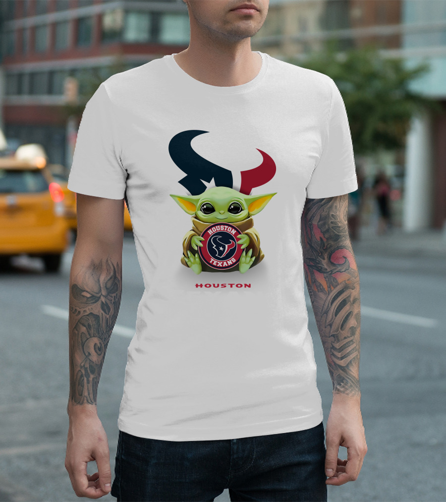 Star Wars Baby Yoda Holding Houston Texans Emblem With Houston Text T-Shirt
