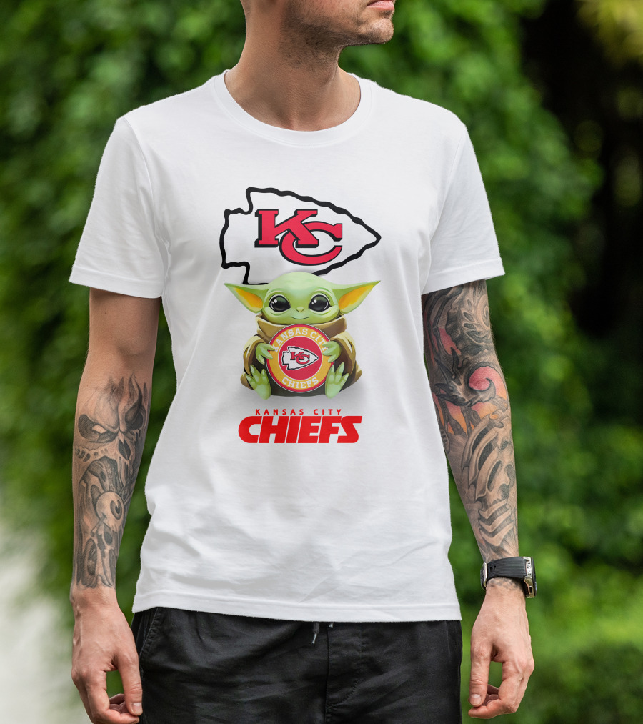 Star Wars Baby Yoda Kansas City Chiefs Hug KC Emblem White T-Shirt