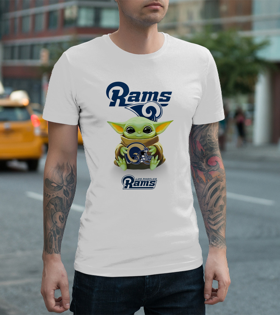 Rams Star Wars Baby Yoda Los Angeles Rams Helmet Hug T-Shirt