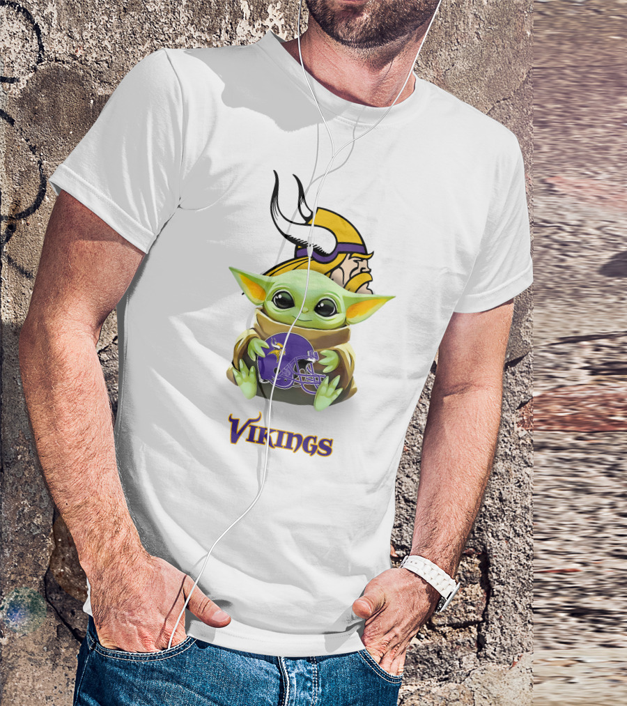 Star Wars Baby Yoda Holding Minnesota Vikings Helmet With Vikings T-Shirt