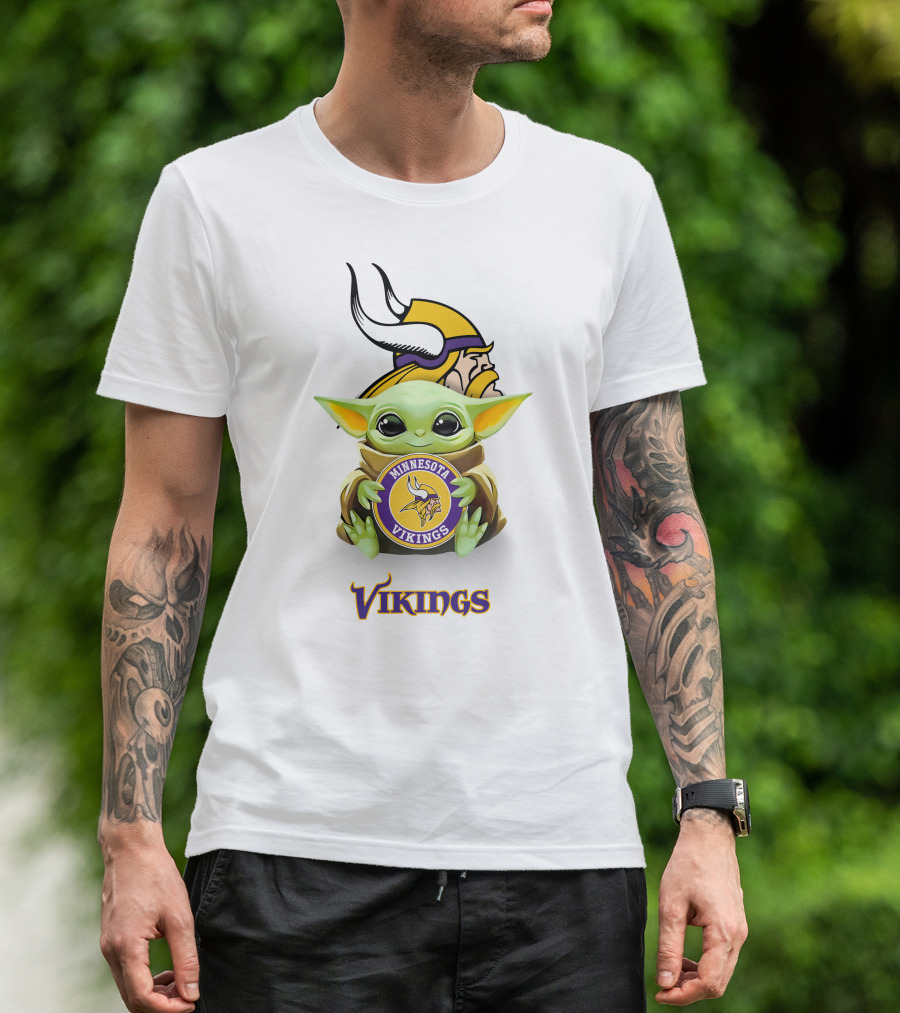 Star Wars Baby Yoda Holding Minnesota Vikings Vikings Logo White T-Shirt