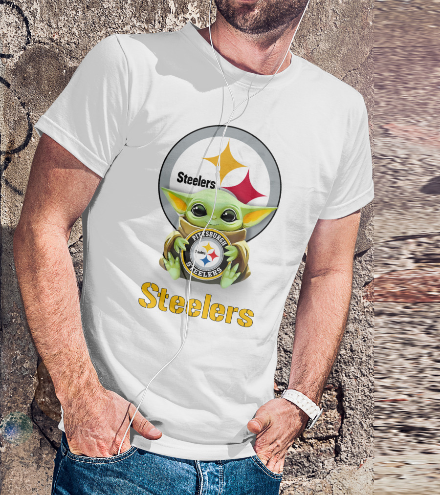 Star Wars Baby Yoda Hugging Pittsburgh Steelers Logo Steelers T-Shirt