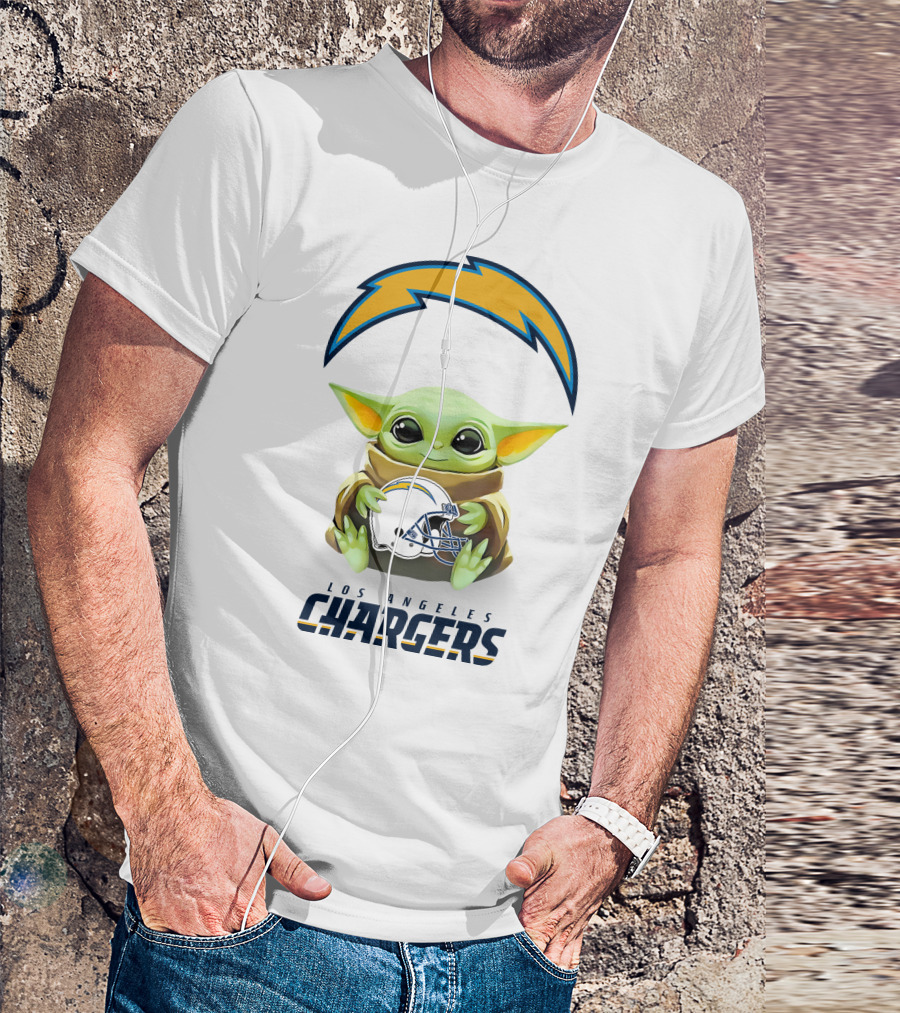 Star Wars Baby Yoda Hug Los Angeles Chargers Helmet White T-Shirt