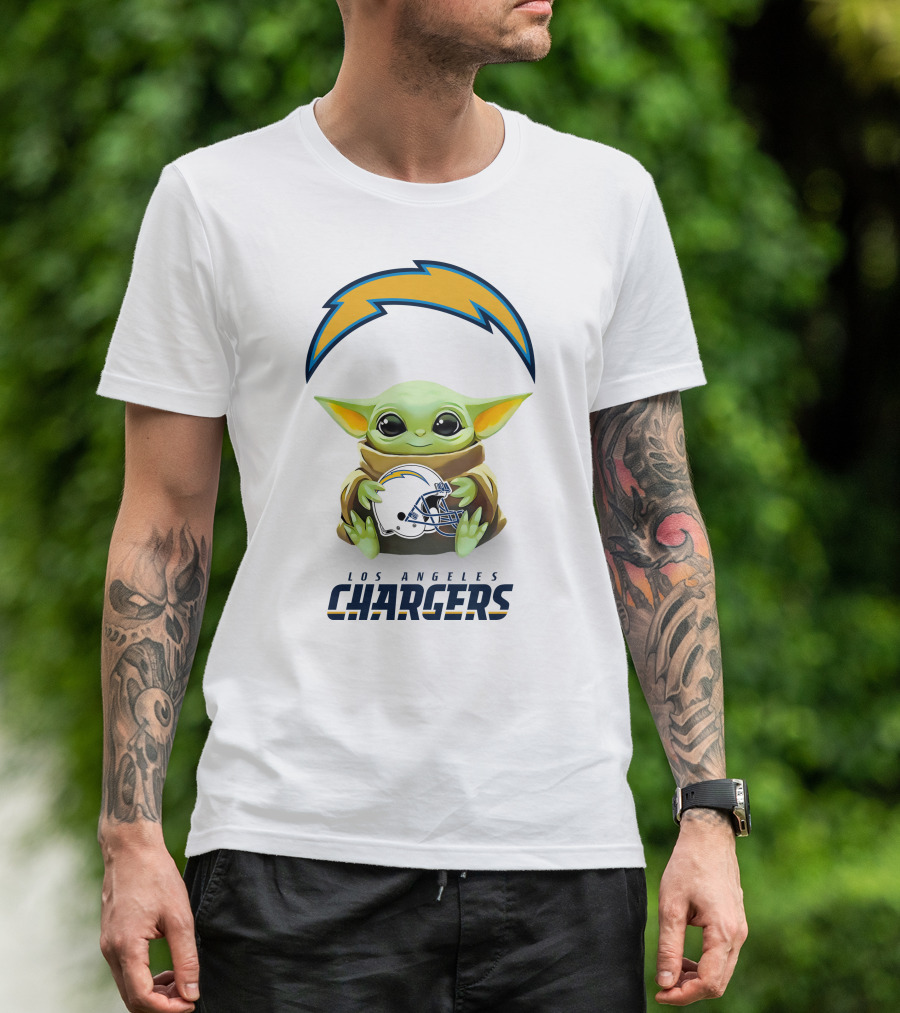 Star Wars Baby Yoda Hug Los Angeles Chargers Helmet White T-Shirt