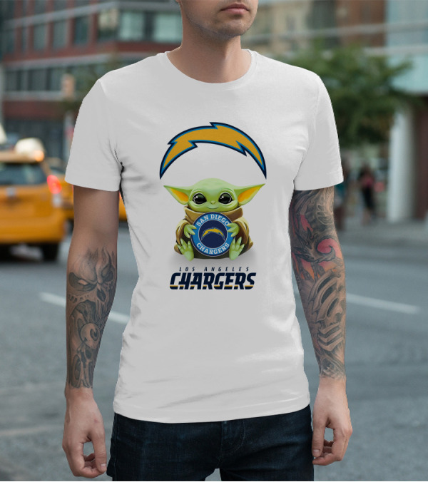 Baby Yoda Holding San Diego Chargers Logo With Los Angeles Chargers Text T-Shirt