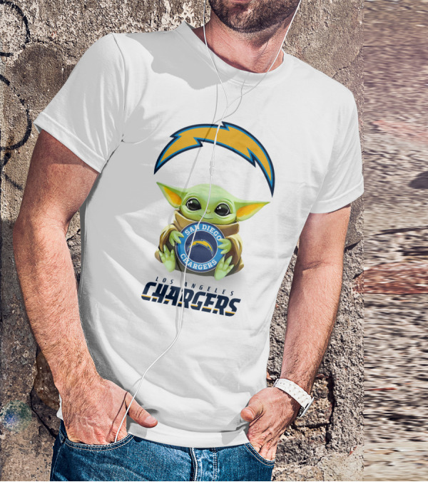Baby Yoda Holding San Diego Chargers Logo With Los Angeles Chargers Text T-Shirt