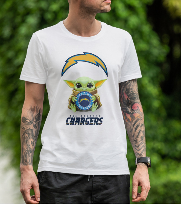 Baby Yoda Holding San Diego Chargers Logo With Los Angeles Chargers Text T-Shirt