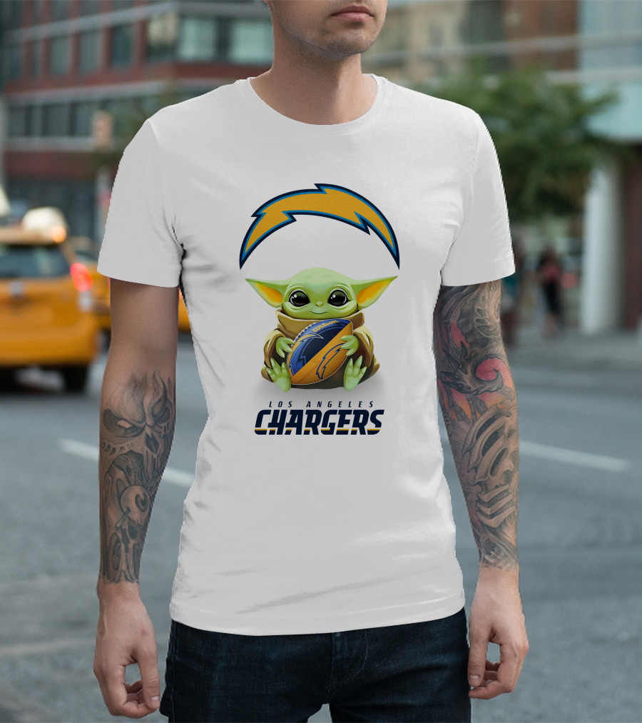Star Wars Baby Yoda Los Angeles Chargers Football Hug White T-Shirt