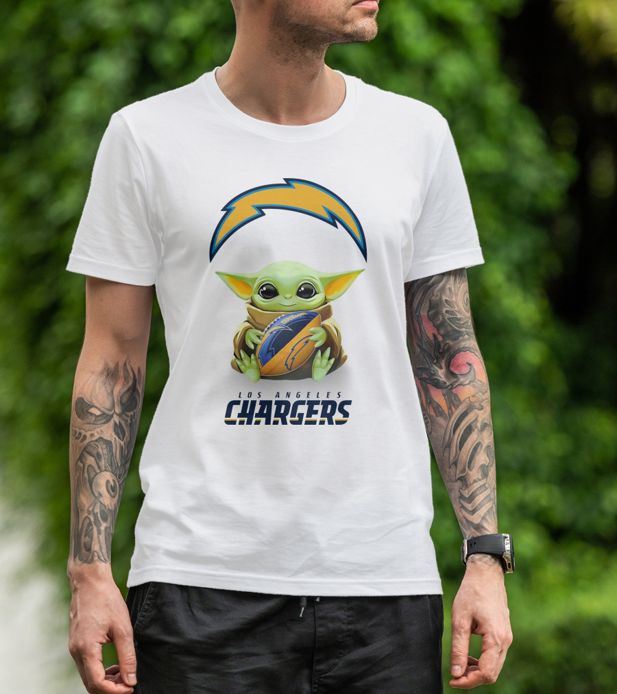 Star Wars Baby Yoda Los Angeles Chargers Football Hug White T-Shirt
