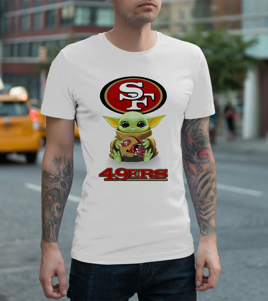 Star Wars Baby Yoda Holding San Francisco 49ers Helmet Logo SF 49ers T-Shirt