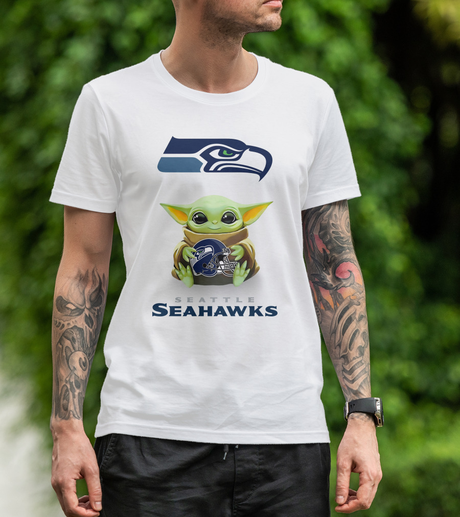 Star Wars Baby Yoda Holding Seattle Seahawks Helmet T-Shirt