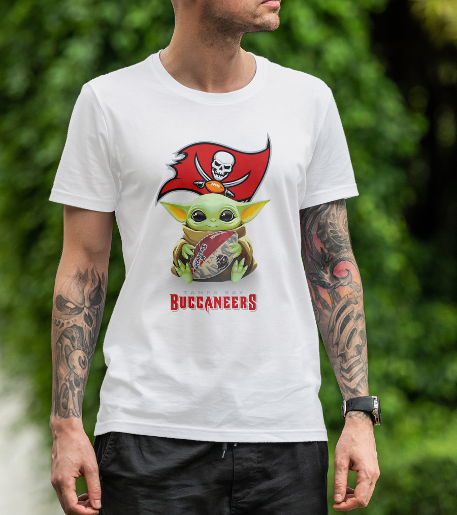 Star Wars Baby Yoda Holding Tampa Bay Buccaneers Football T-Shirt