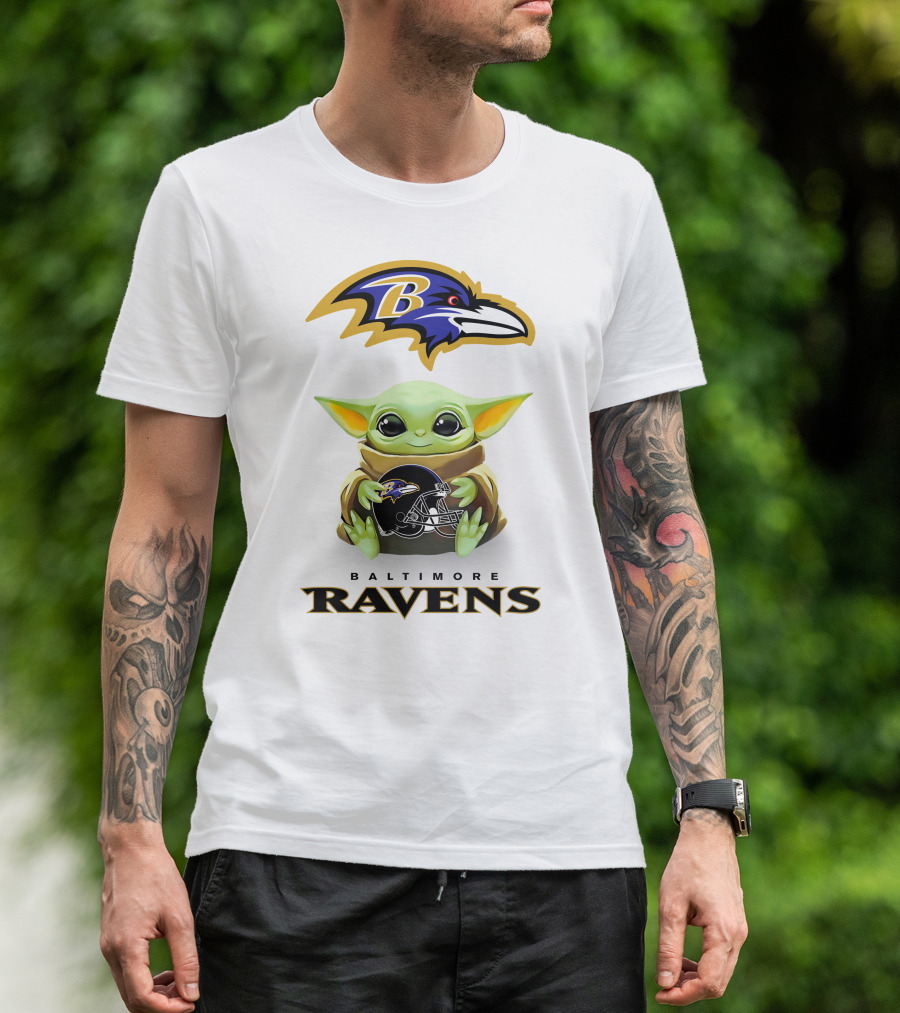 Baltimore Ravens Grogu Holding Ravens Helmet With Team T-Shirt