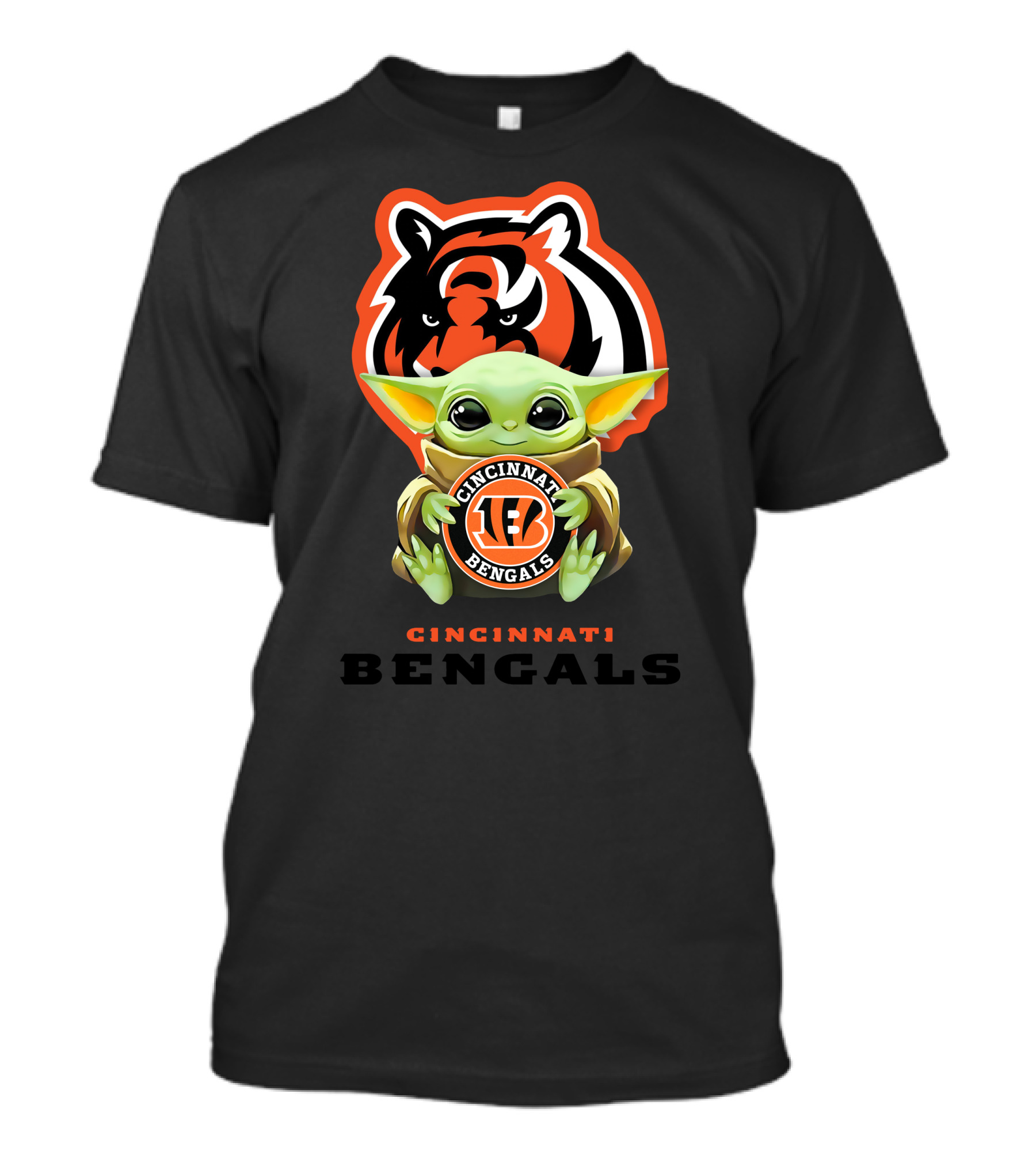 Grogu Holding Cincinnati Bengals Logo With Tiger Background T-Shirt
