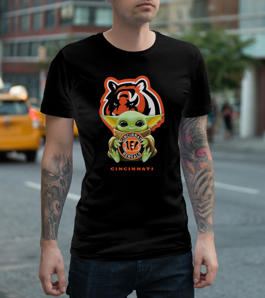 Grogu Holding Cincinnati Bengals Logo With Tiger Background T-Shirt