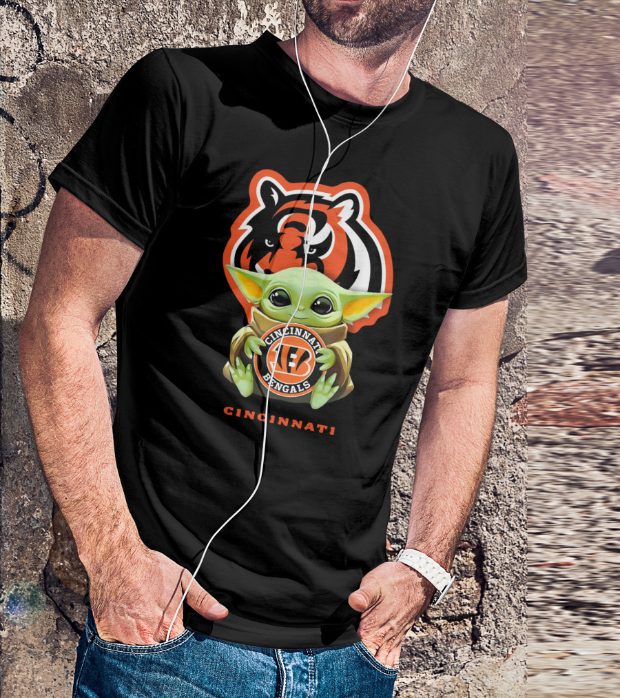 Grogu Holding Cincinnati Bengals Logo With Tiger Background T-Shirt