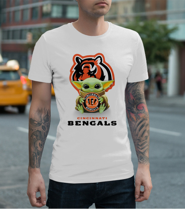 Grogu Holding Cincinnati Bengals Logo With Tiger Background T-Shirt
