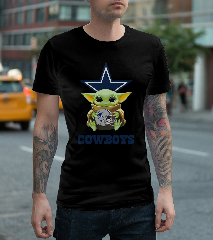 Grogu Holding Dallas Cowboys Helmet with Star Logo and COWBOYS Text T-Shirt