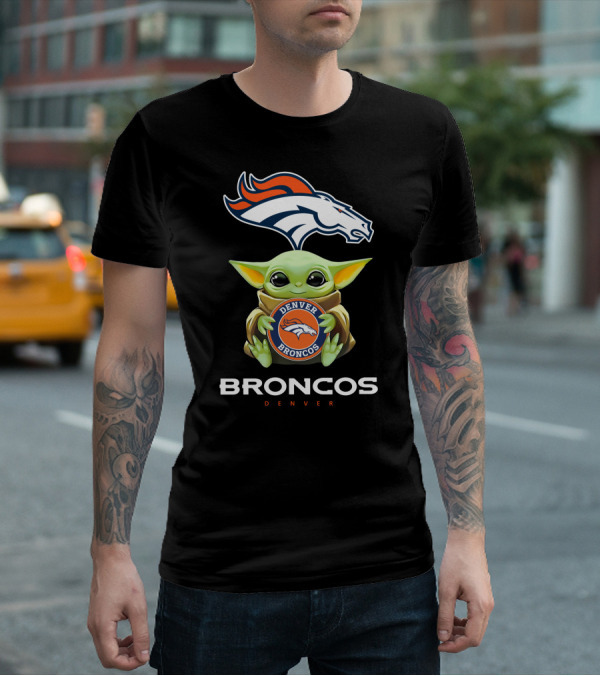 Denver Broncos Grogu Holding Team Emblem T-Shirt