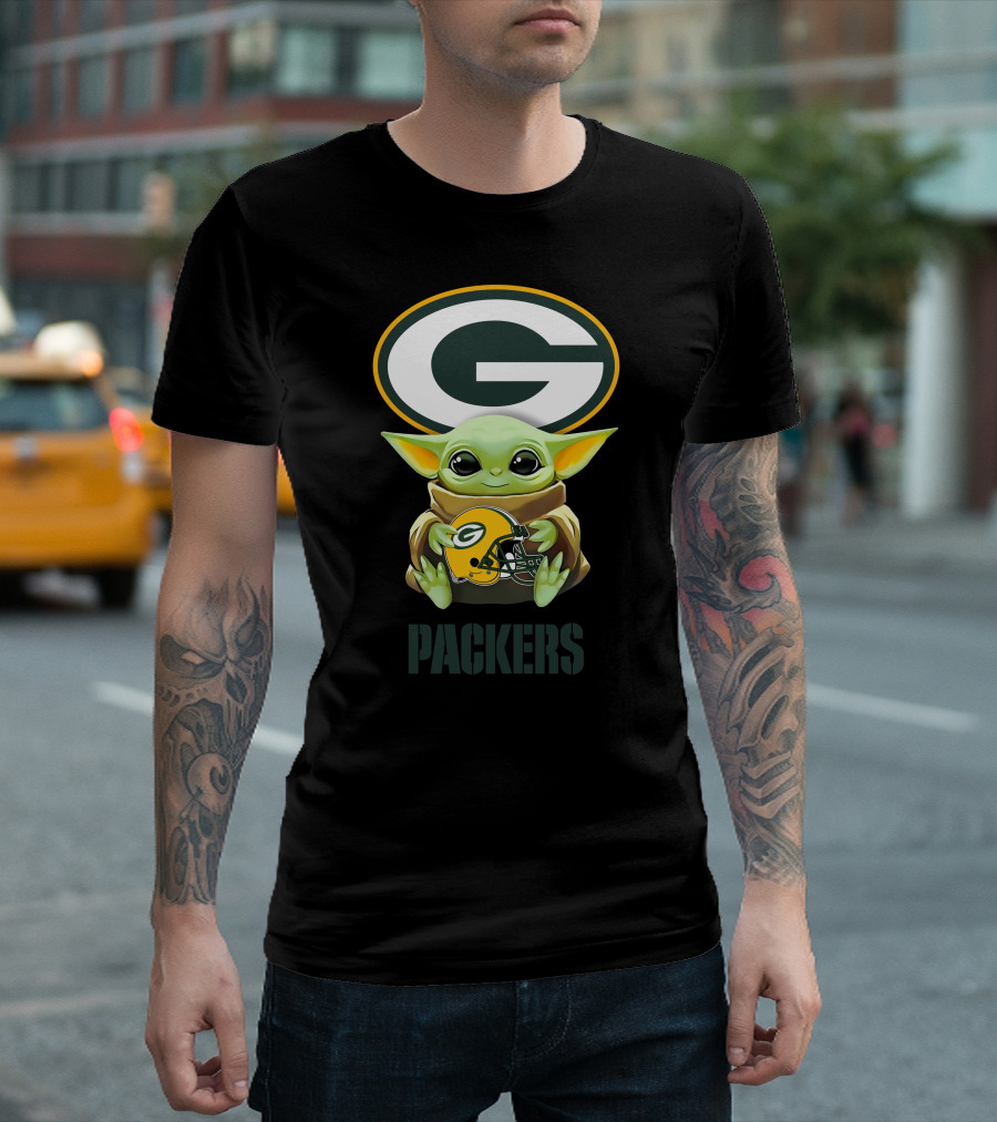 Grogu Holding Green Bay Packers Helmet With Packers T-Shirt