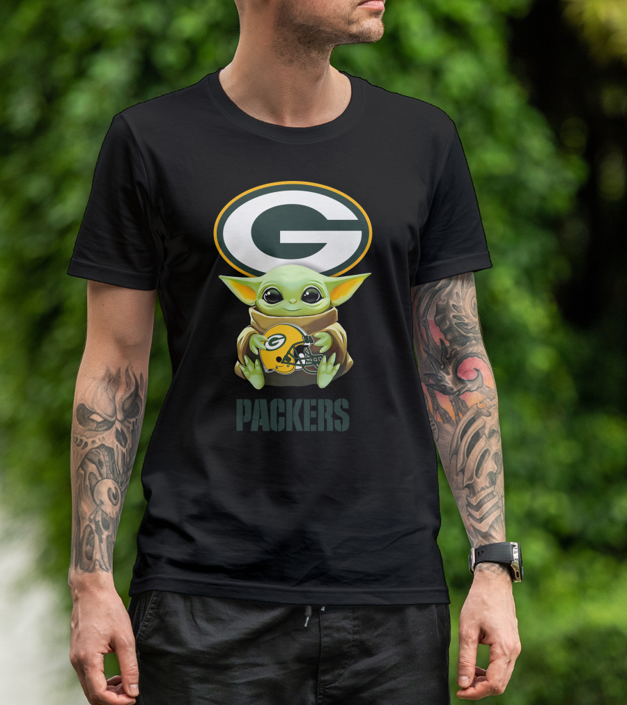 Grogu Holding Green Bay Packers Helmet With Packers T-Shirt