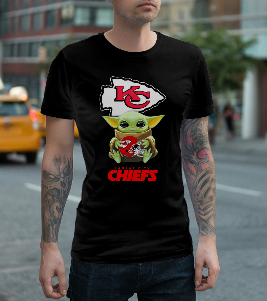 Kansas City Chiefs Grogu Hugging Helmet Icon with KC Arrowhead T-Shirt