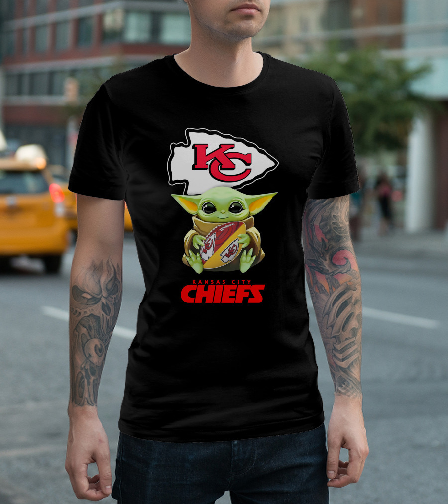 Grogu Holding Football Kansas City Chiefs KC T-Shirt