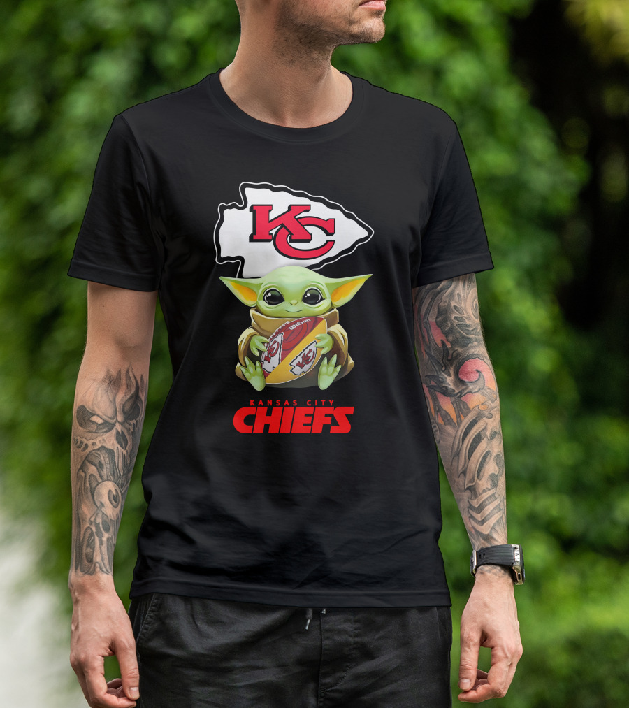 Grogu Holding Football Kansas City Chiefs KC T-Shirt