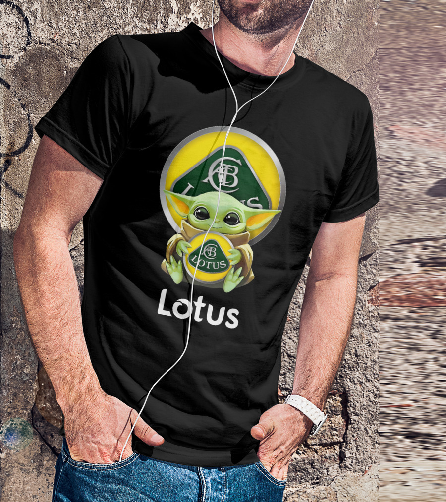 Grogu Holding Classic Lotus Emblem In Green And Yellow T-Shirt