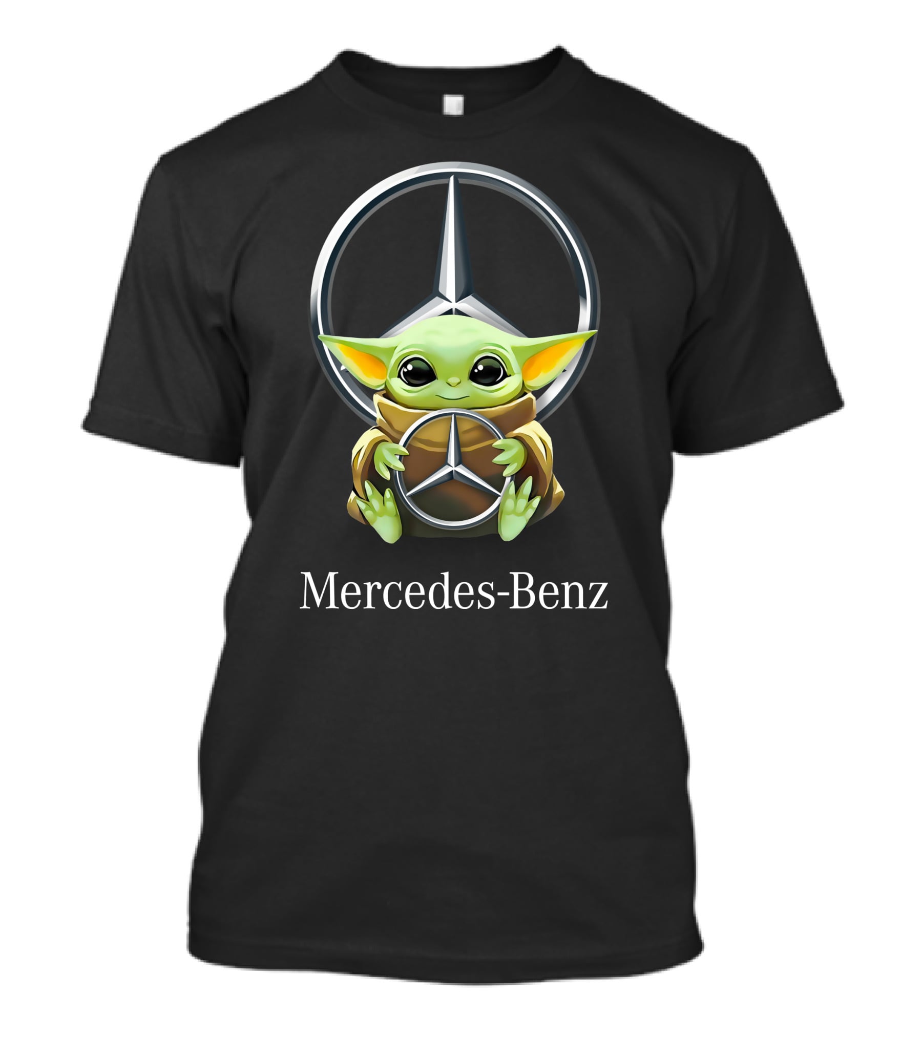 Grogu Hugging Mercedes-Benz Emblem On Black T-Shirt