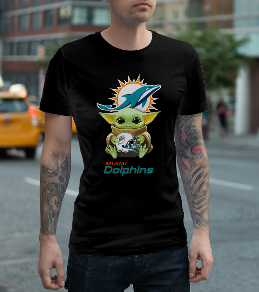 Miami Dolphins Grogu Holding Helmet Baby Yoda T-Shirt