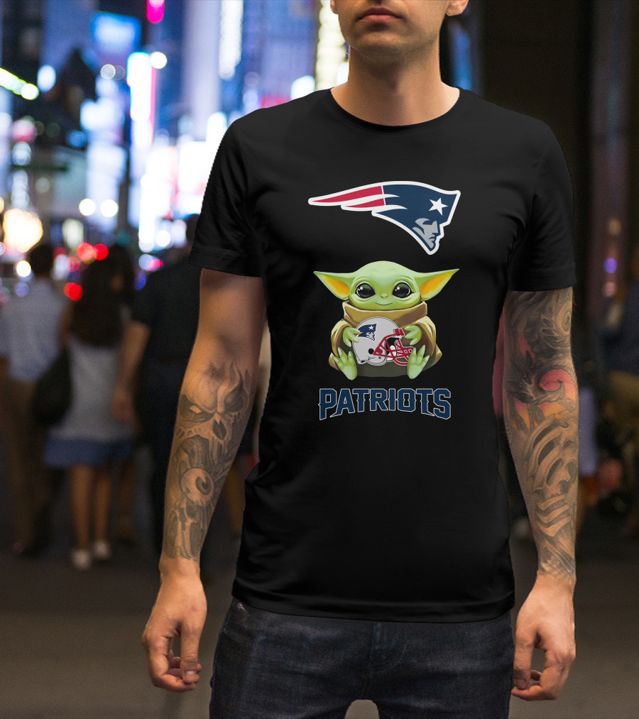 Grogu Holding New England Patriots Helmet With Logo And Patriots Text T-Shirt