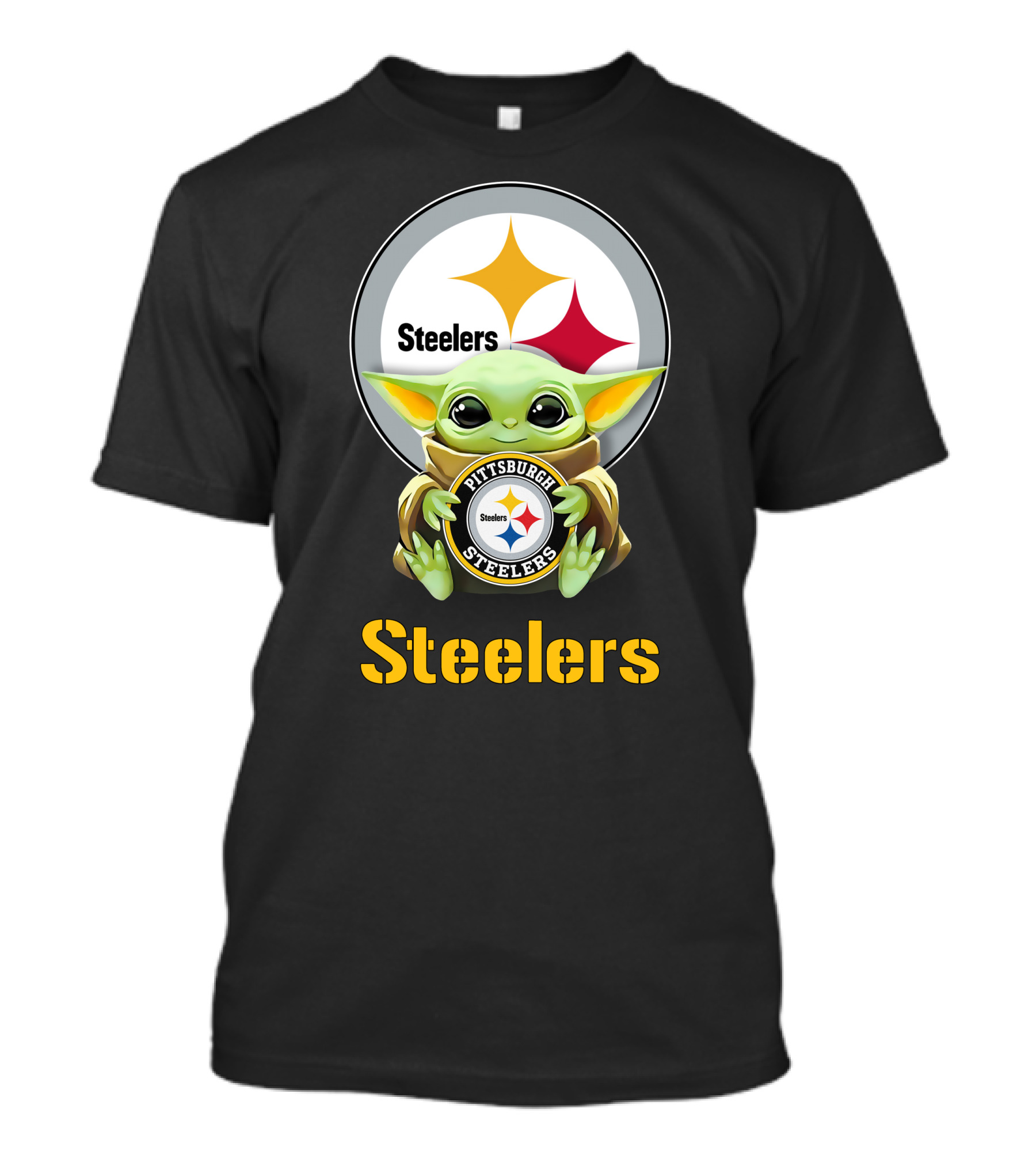 Grogu Holding Pittsburgh Steelers Emblem With Steelers Text T-Shirt