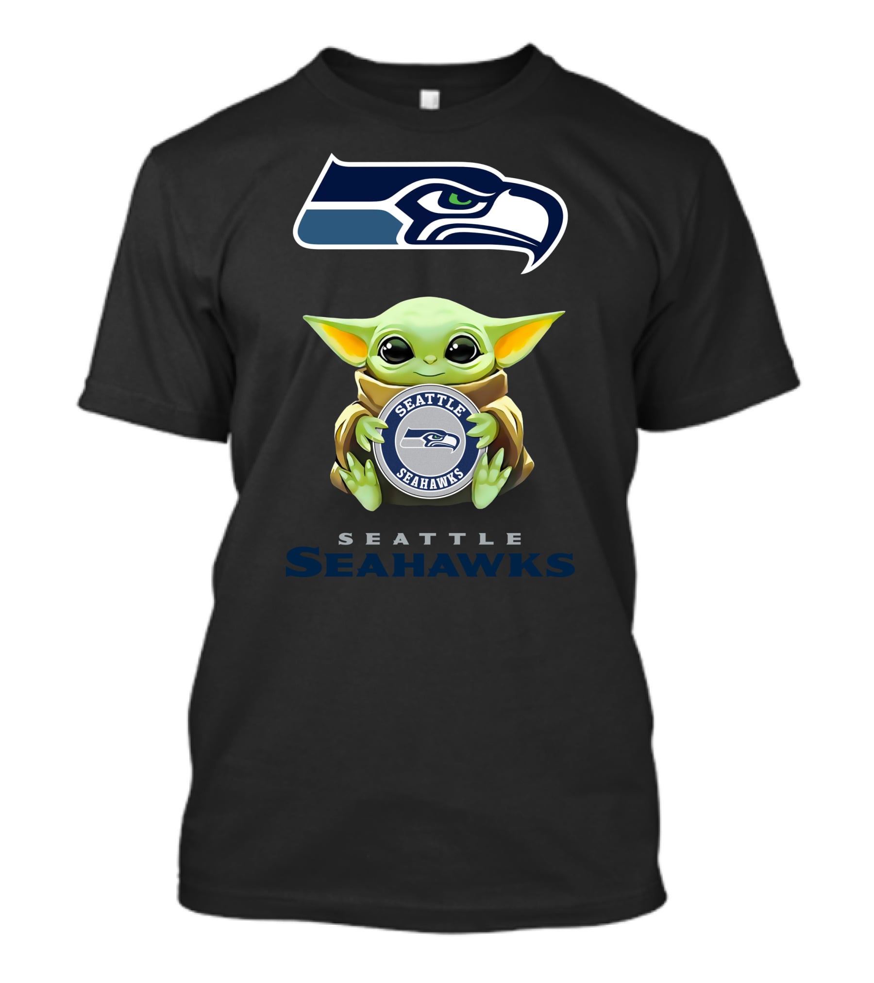 Grogu Holding Seattle Seahawks Logo Emblem With Team Name T-Shirt