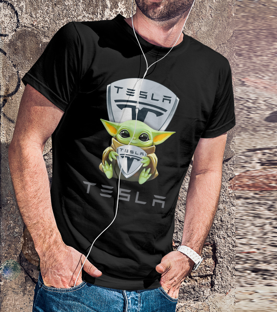 Grogu Holding Tesla Logo Shield Emblem T-Shirt