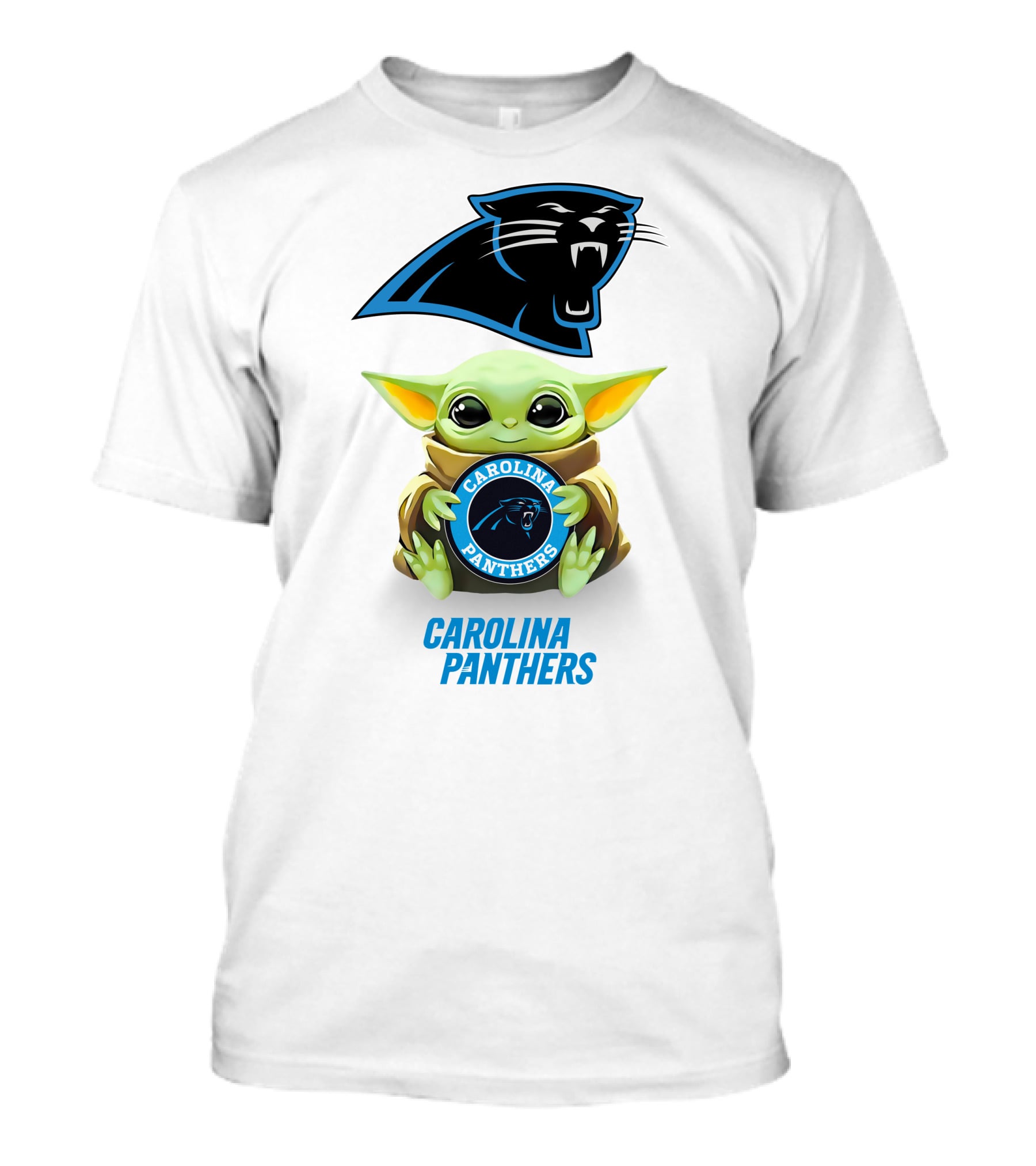 Grogu Holding Carolina Panthers Emblem With Team Logo In White T-Shirt