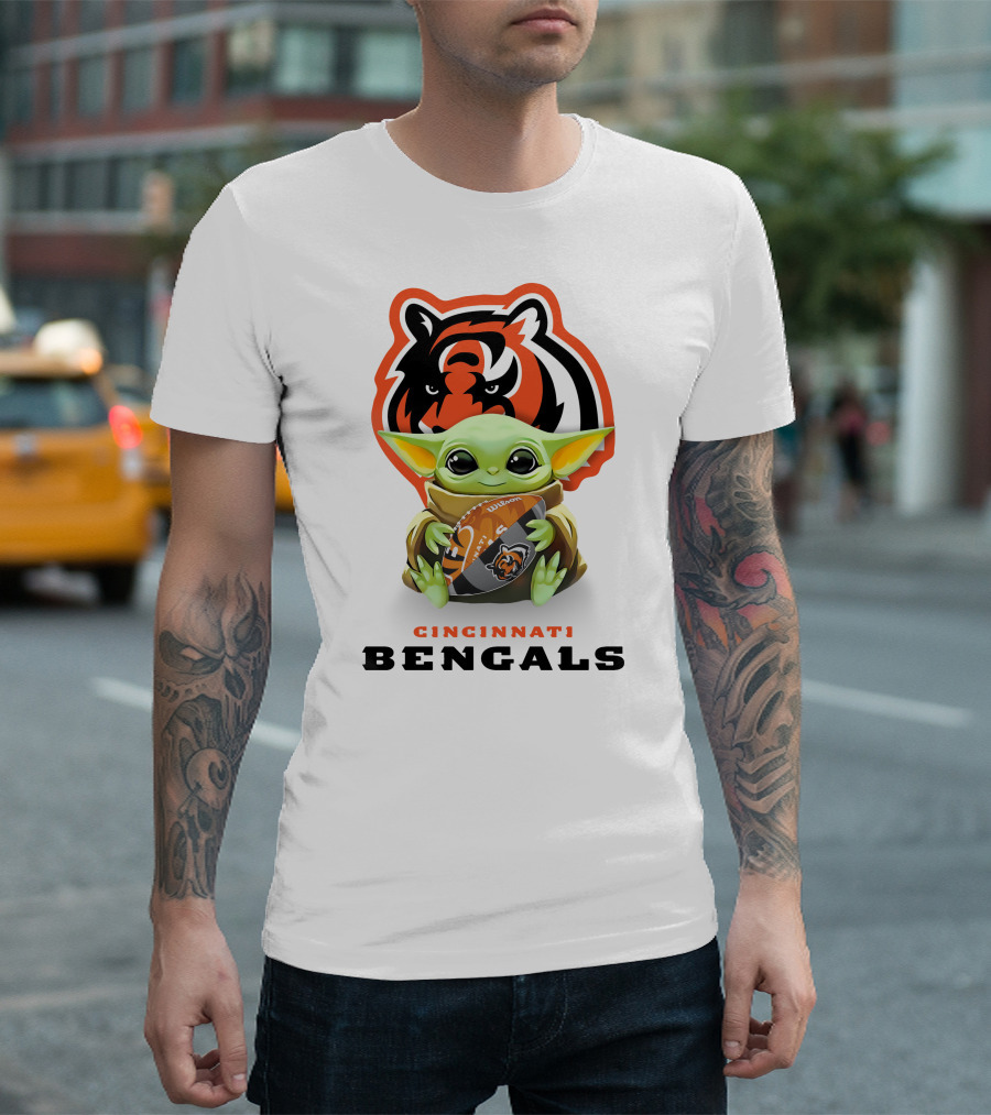 Grogu Holding Cincinnati Bengals Football with Bengals T-Shirt