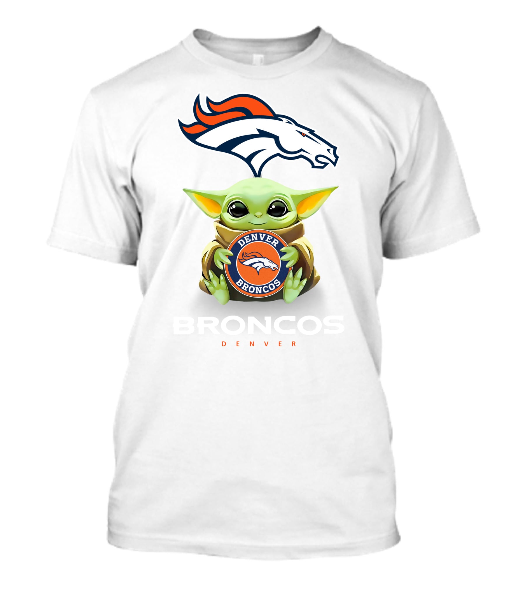 Grogu Hugging Denver Broncos Sign With Broncos Logo Above T-Shirt