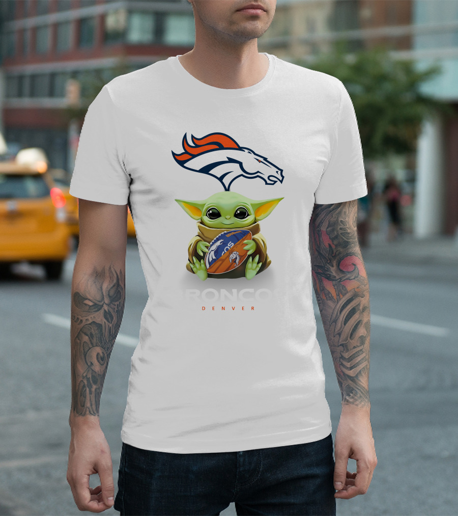 Grogu Hugging Denver Broncos Football Tailgate with Broncos Denver T-Shirt