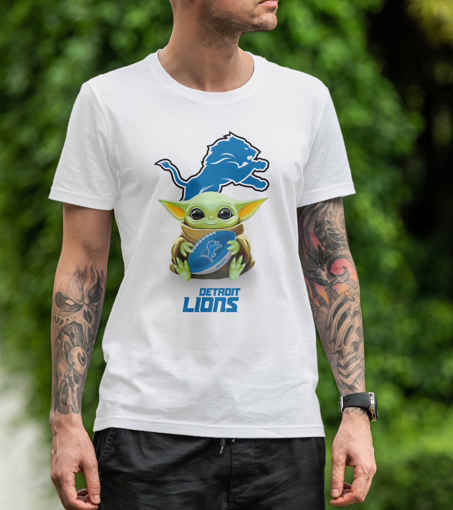 Grogu Holding Detroit Lions Football With Team T-Shirt