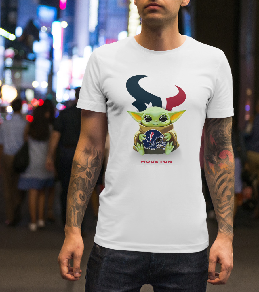 Grogu Holding Houston Texans Helmet Logo NFL Emblem T-Shirt