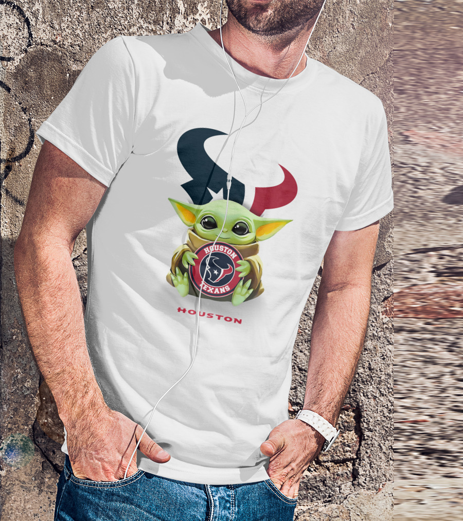 Grogu Holding Houston Texans Emblem With Oversized Logo Background T-Shirt