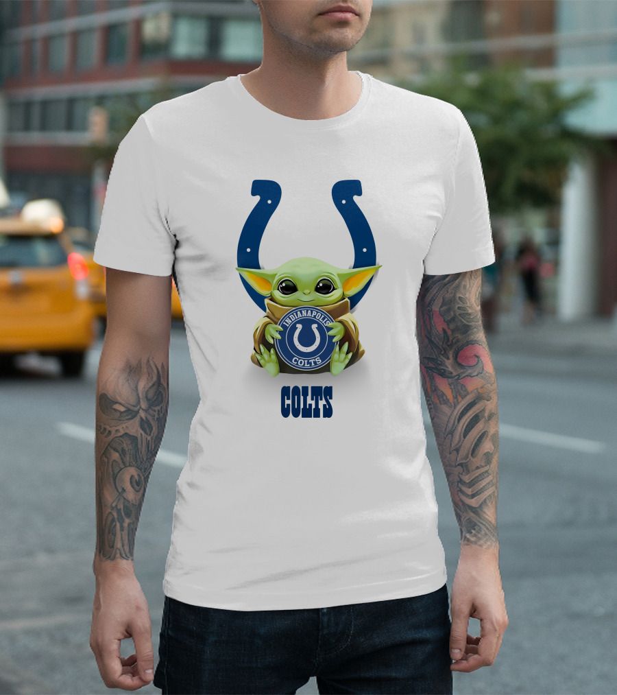 Grogu Holding Indianapolis Colts Emblem With Horseshoe Icon And Colts Text T-Shirt
