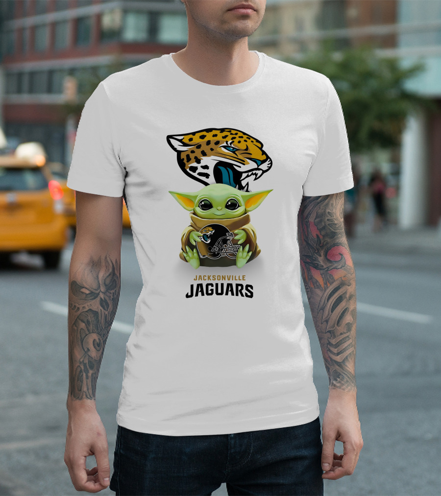 Grogu Holding Jacksonville Jaguars Logo Helmet Football Team Fan Merchandise T-Shirt