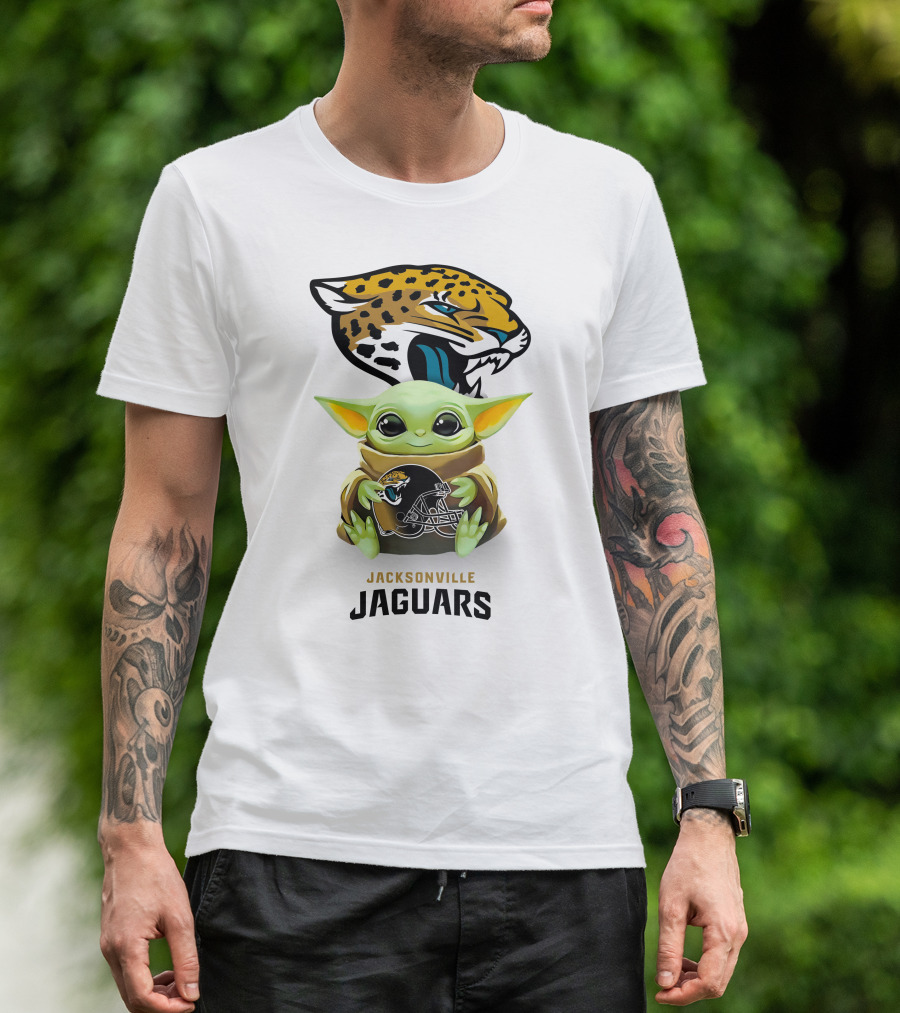 Grogu Holding Jacksonville Jaguars Logo Helmet Football Team Fan Merchandise T-Shirt