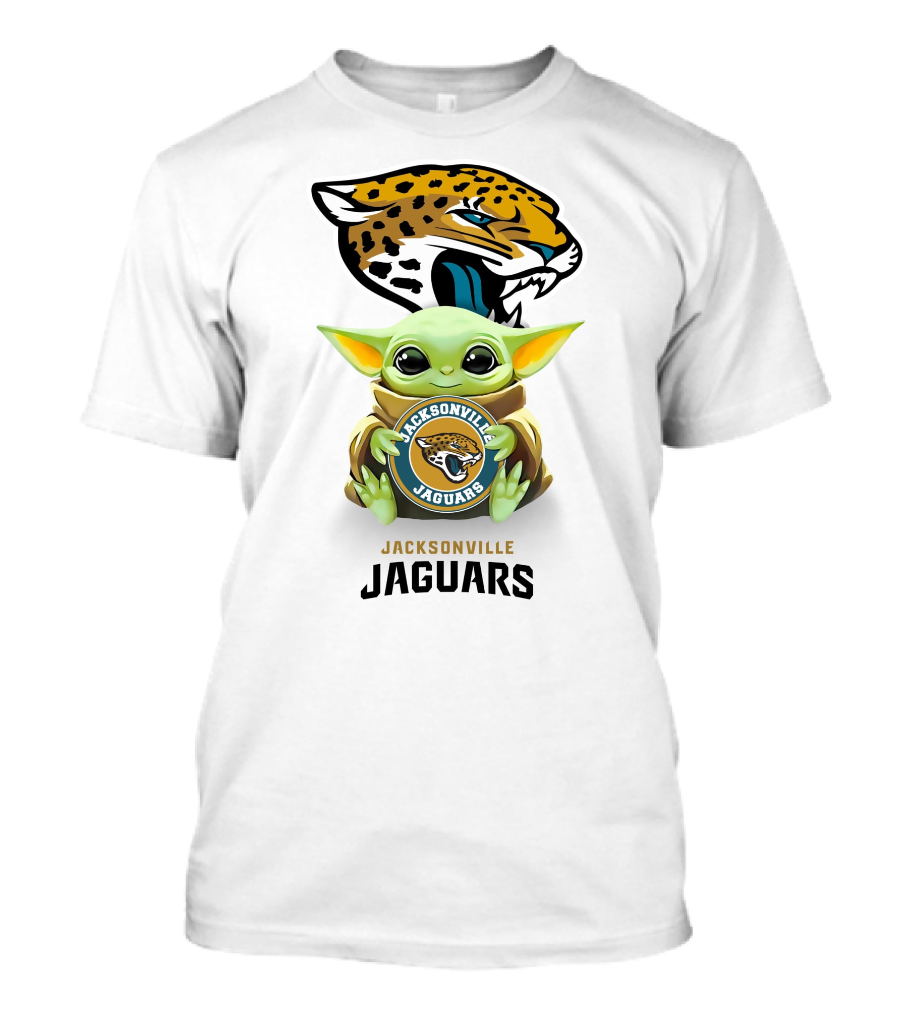 Grogu Holding Jacksonville Jaguars Badge With Mascot In Background T-Shirt