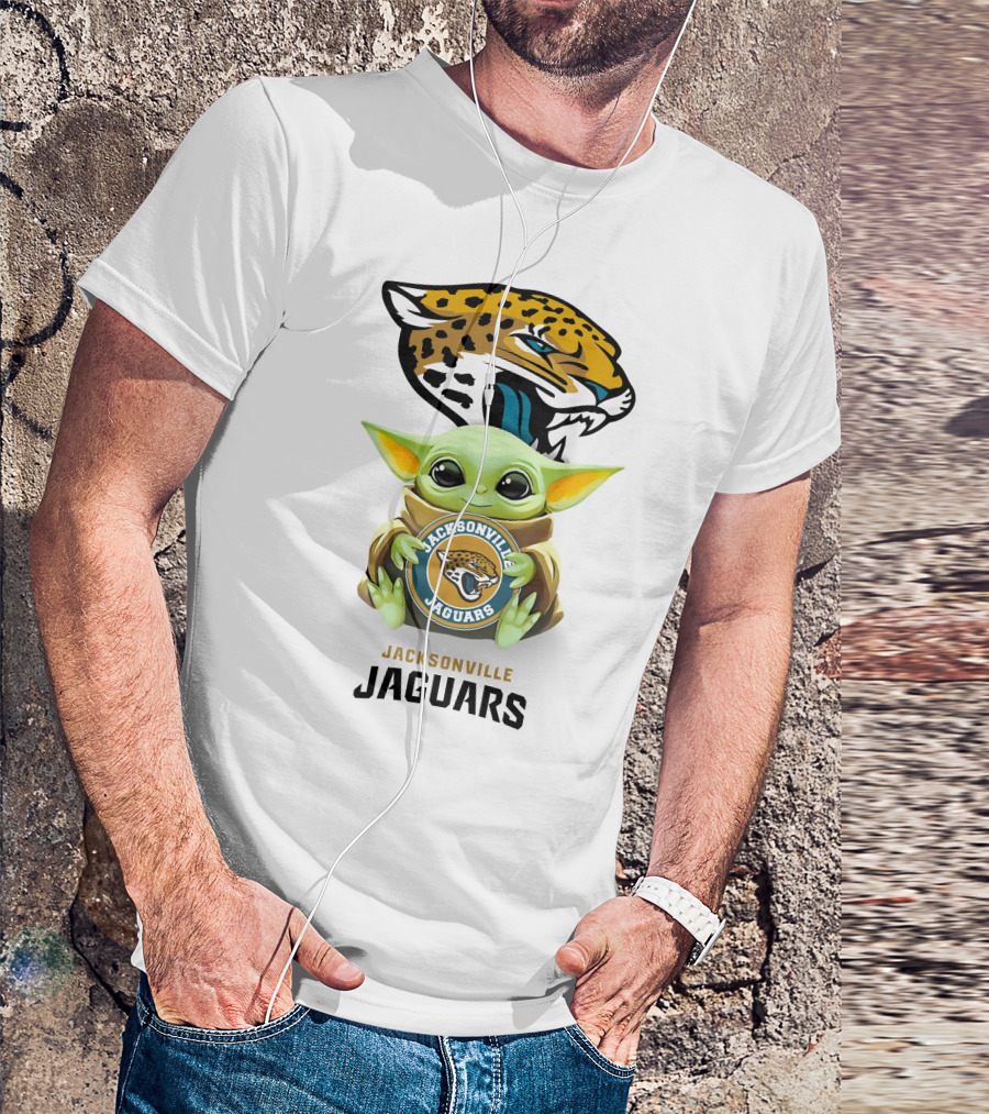 Grogu Holding Jacksonville Jaguars Badge With Mascot In Background T-Shirt